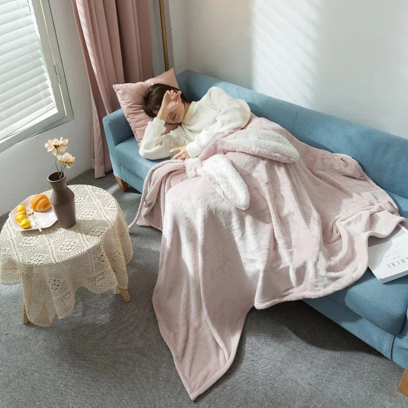 

Одеяло с капюшоном, носимые коралловые Детские милые теплые одеяла, кролик, накидка для взрослых, стиль японского бархата, зима
