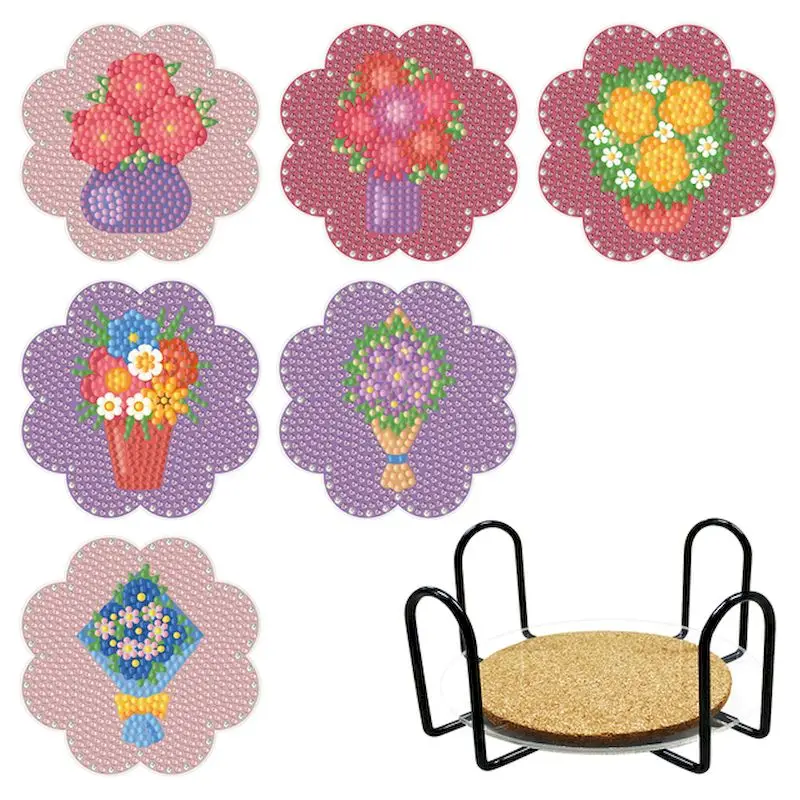 

GATYZTORY 6pcs Diamond Art Coasters Reusable DIY Crystal Drink Coasters Flower Shape Special Shaped Drill Coasters for Table
