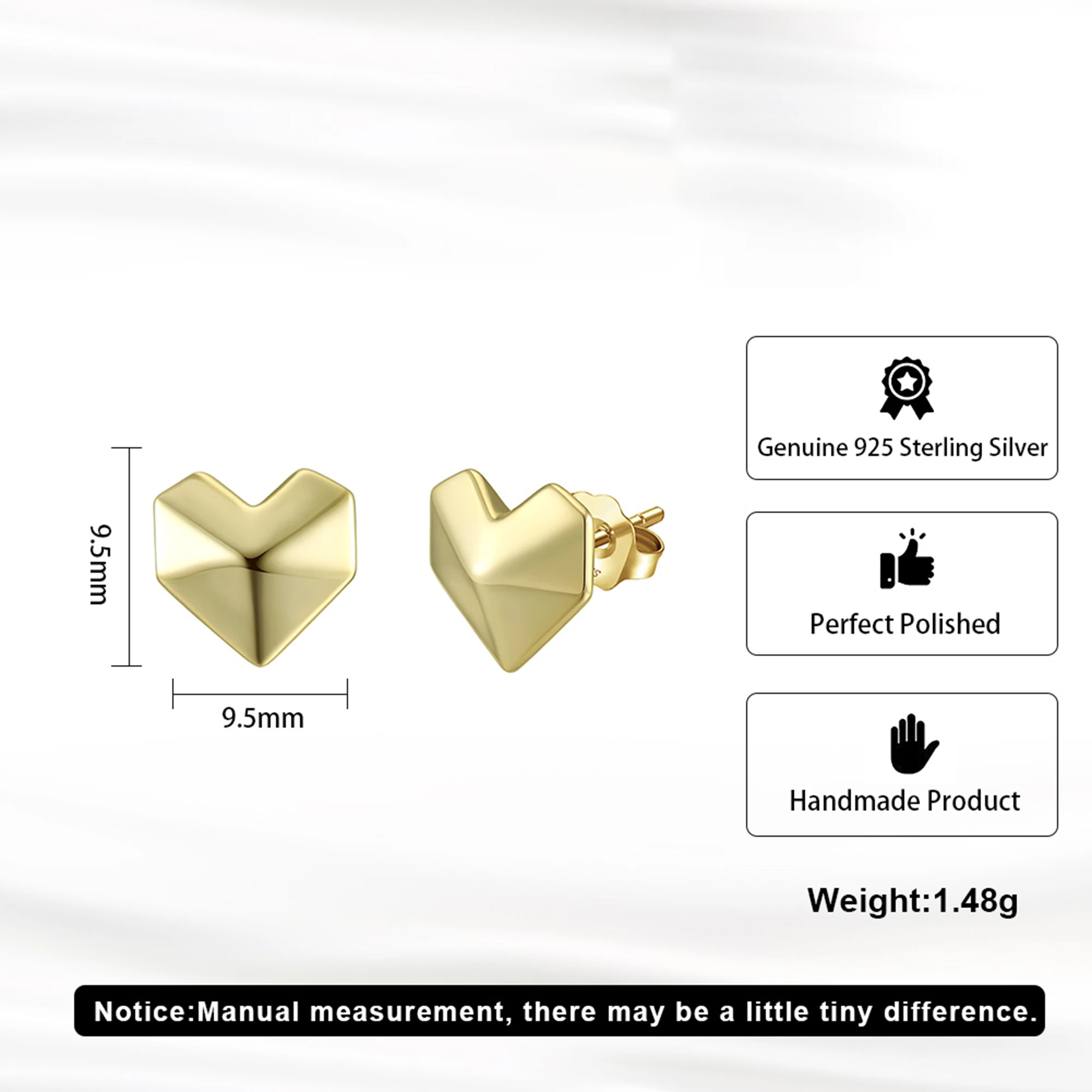 Romantic 925 Sterling Silver Heart Stud Earrings Minimalism Design