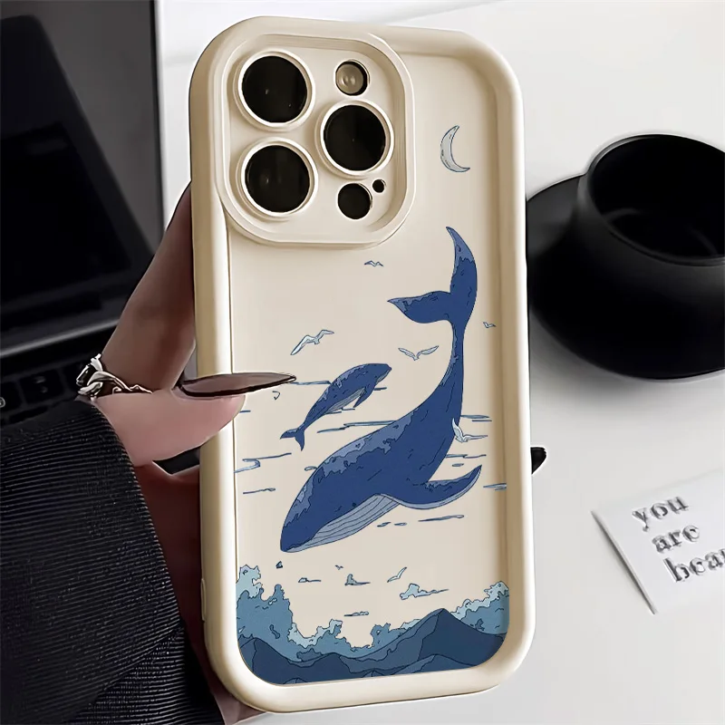 Baleia caso de telefone para iphone 15 pro max caso para iphone pro max 8 7 plus 16e xr xs se capa estética à prova de choque