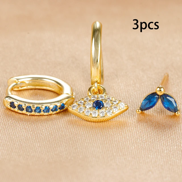 3pcs Stainless Steel Blue Zircon Evil Eye Hoop Earrings Set For Women 18K Gold Plated Cartilage Piercing Earring Fashion Jewelry 5