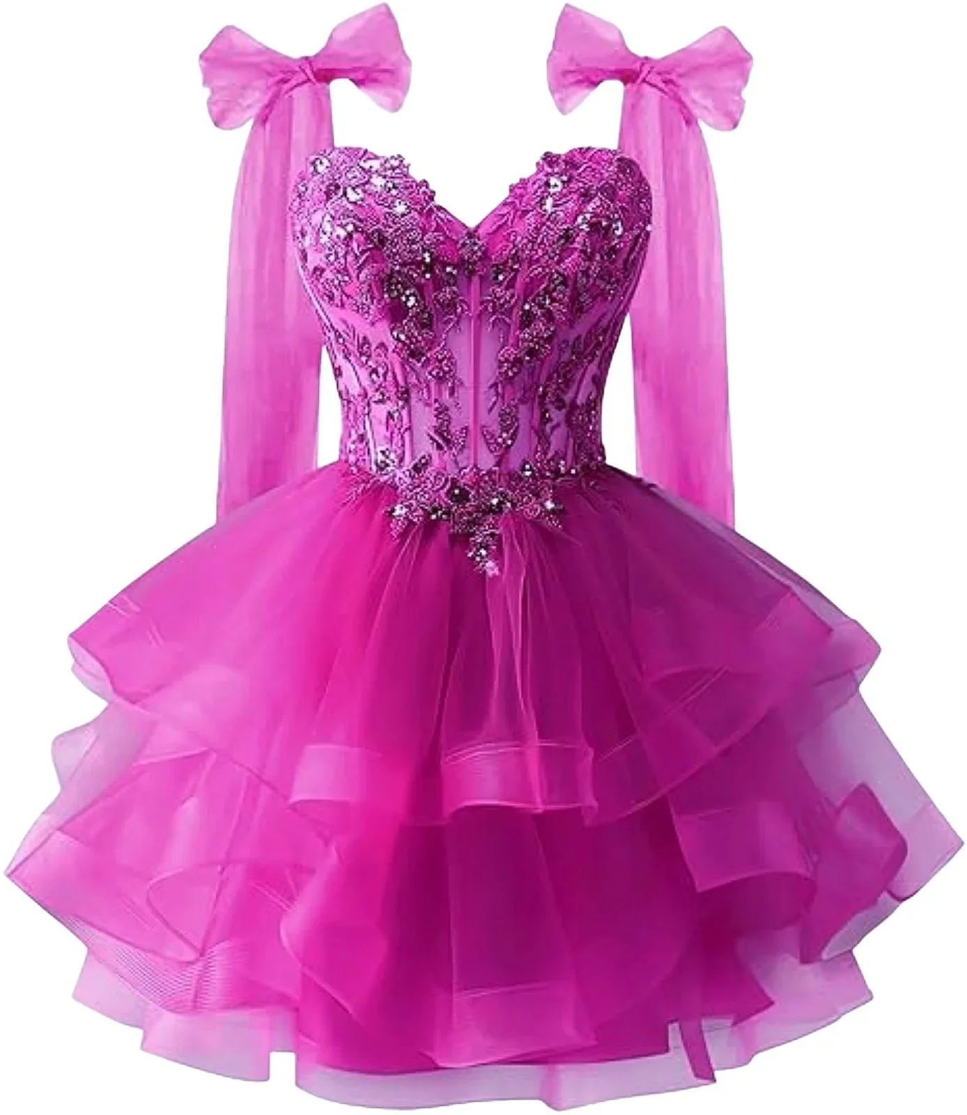 Bow Shoulder Strap Layered Chiffon Dress Starry Lace Three-dimensional Decal Youth Short Dance Sequin Dress Customized