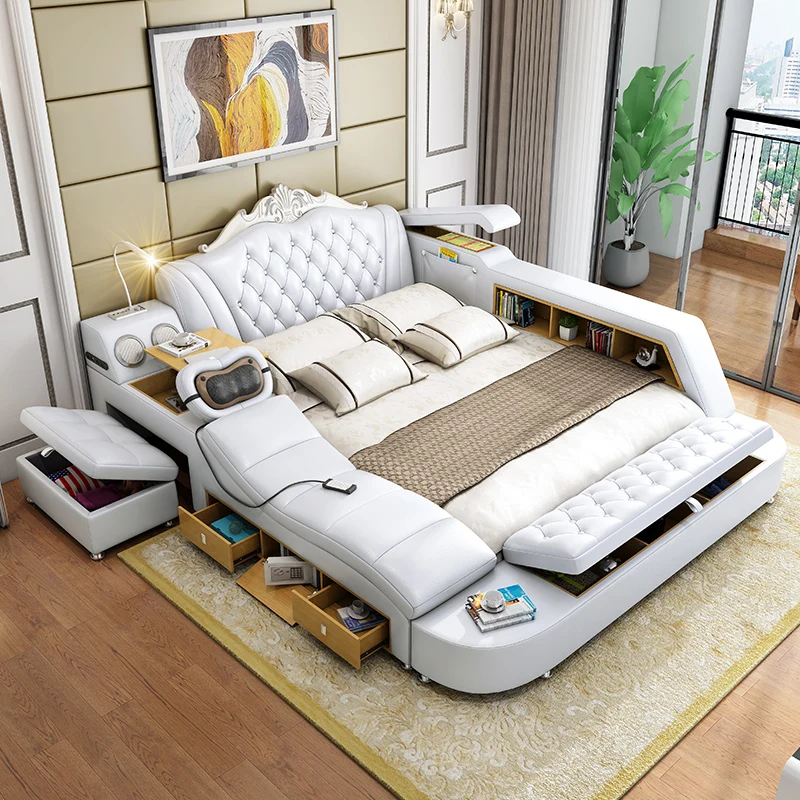 

European Bedroom Double Bed Leather Princess Luxury Multifunctional Bed Smart Superking Cama Casal Furniture Home