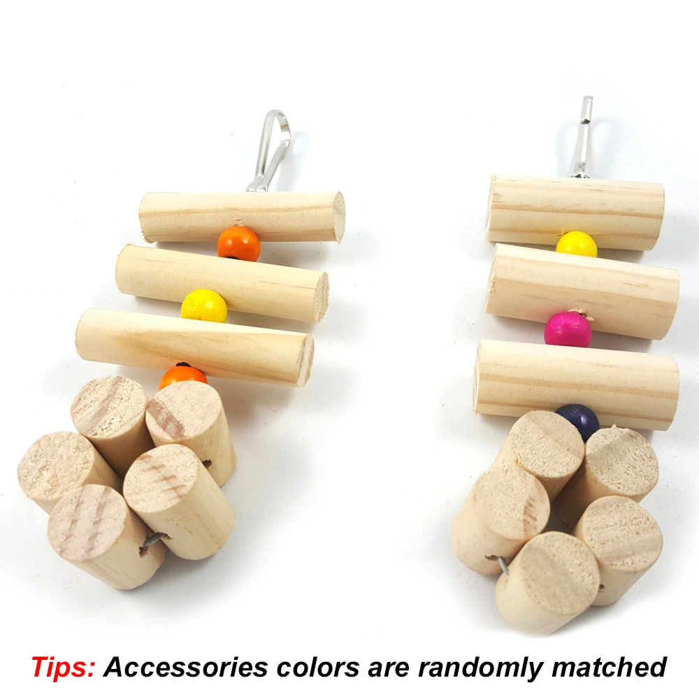 1 PC Natural Wooden Parrot Swing Chew Toys with Random Color Beads Fun Hanging Molar Toy for Pet Bird Hamster Chinchilla Rabbit