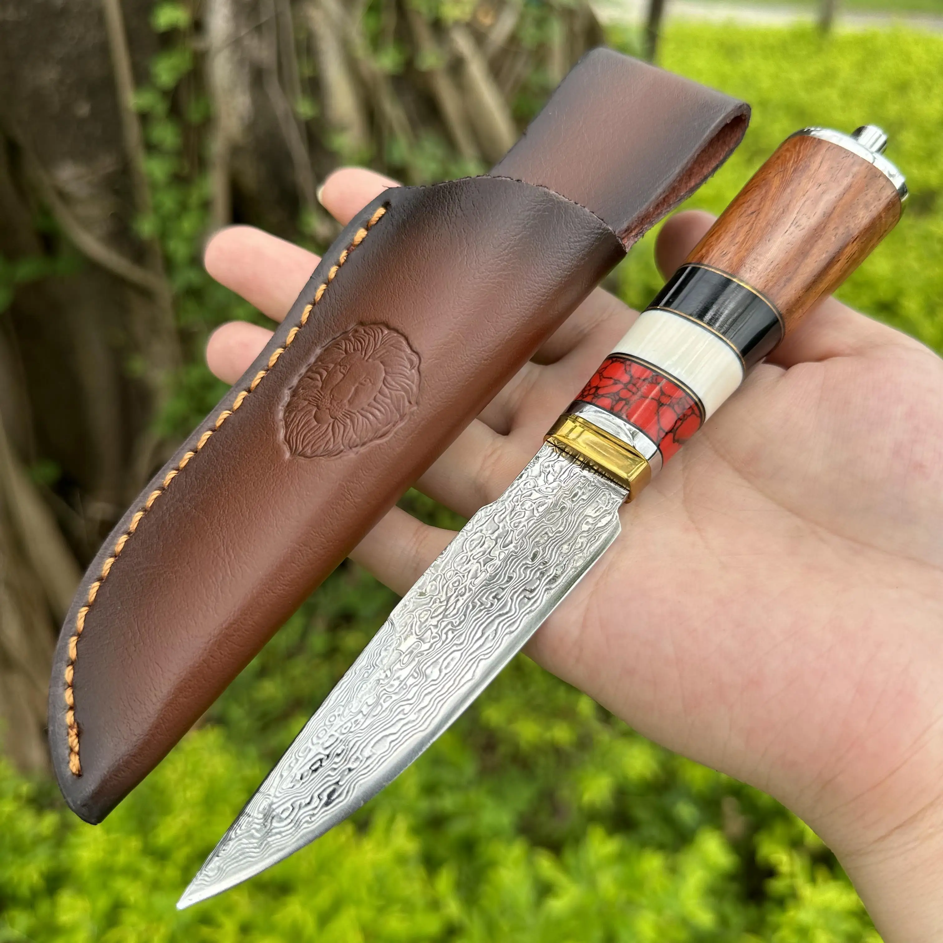 

Topwell Handmade Knife 167 Layers Damascus VG10 Blade Agate&Rosewood Handle Golden Head Sharp Solid Collection Outdoor Camping