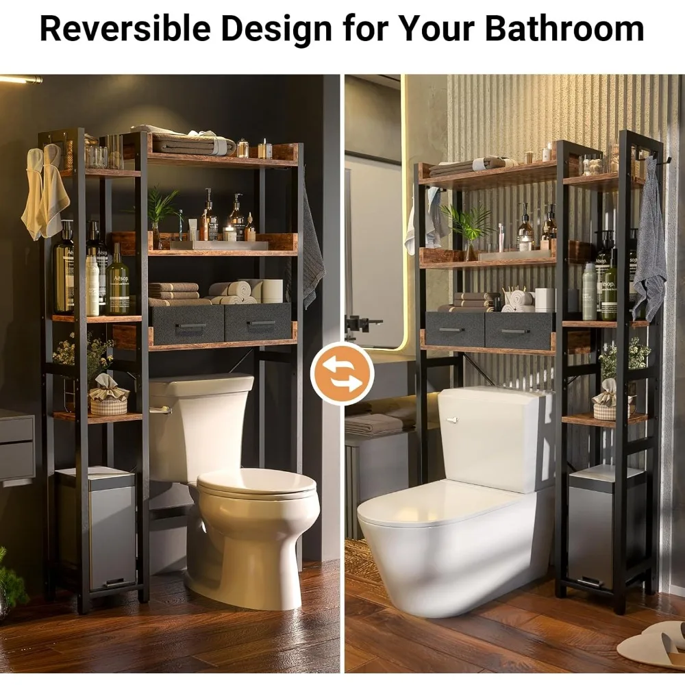 Over The Toilet Storage with 2 Drawers - 7 Tier Bathroom Organizer with Adjustable Shelf, Freestanding Space Saver Storage Rack 5