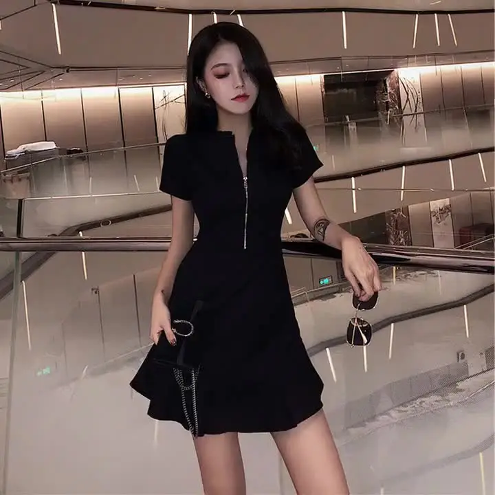 ★韓国人気★Rest & Recreation★COLLAR ZIP UP DRESS Black O-Ring Zipper Dress - Ribbed Bodycon Dress