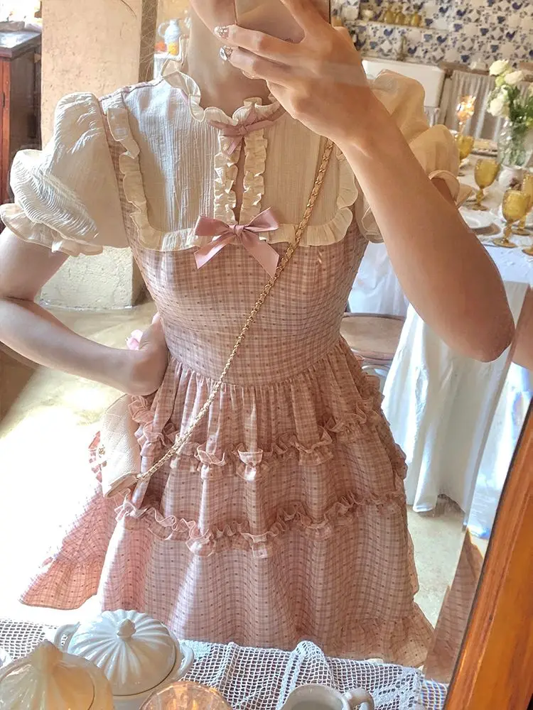 

Vintage Plaid Dress Women Casual Short Sleeve Slim Party Y2k Mini Dress Women Kawaii Clothing One Piece Dress Korean 2023 Summer