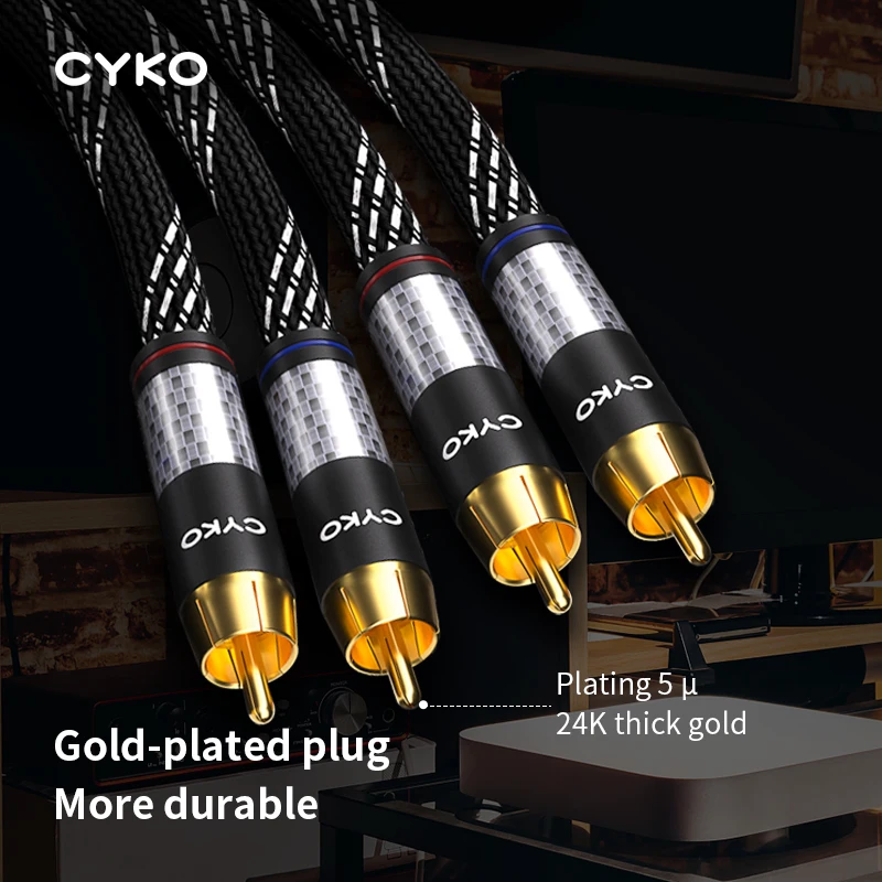 Cabo de Áudio Cyko-rca para Amplificador Hifi 6n Ofc 2rca para 2rca Estéreo Plugue Banhado a Ouro Macho para Macho Amplificador tv Box Par - Image 4