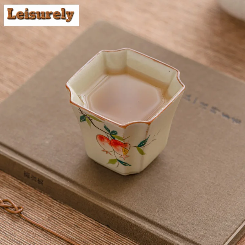 100ml Retro Cream Ru Kiln Ceramic Teacup Hand-painted Pomegranate Straight Mouth Cup Female Master Single Cup Kung Fu Tea Bowl