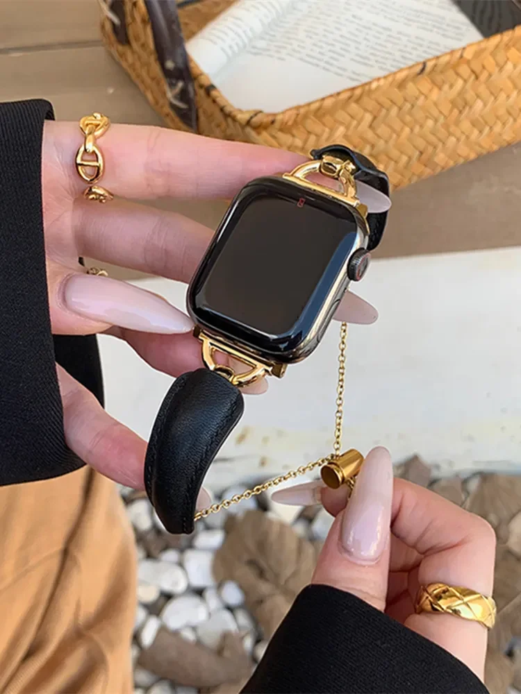 

Роскошный Металлический кожаный браслет для Apple Watch Band 49 мм 41 мм 40 мм 44 мм 42 мм, корейский женский браслет для iwatch 9 SE 8 7 6 se 5 4