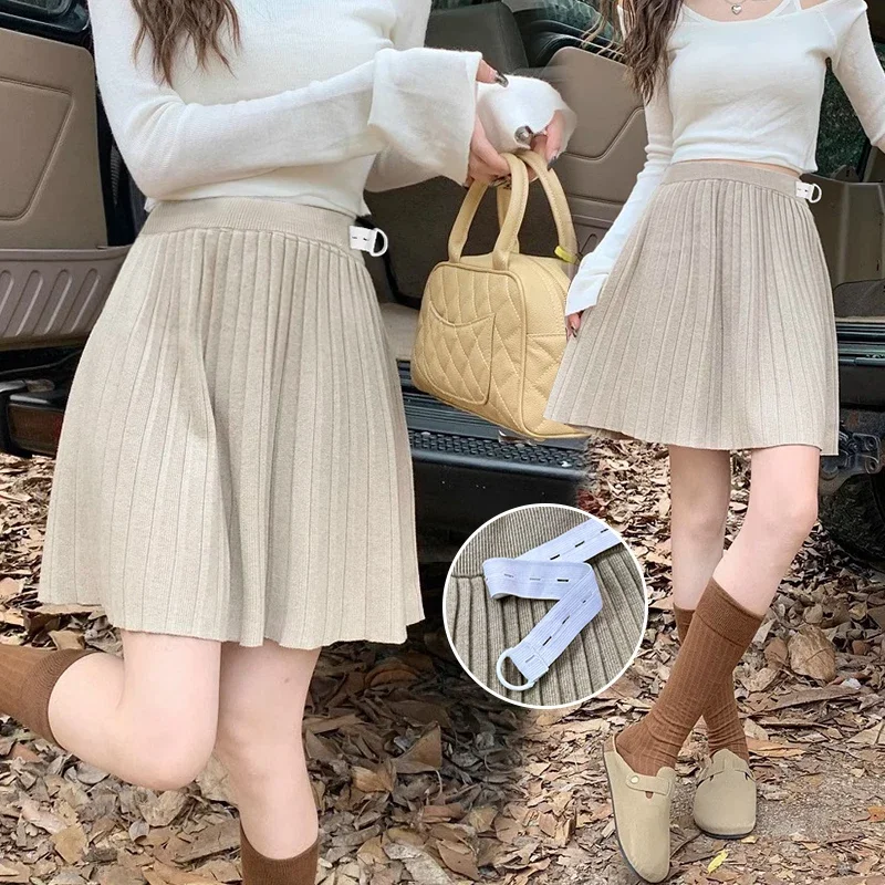 Korena Style Pregnant Woman Winter Knitted Pleated Skrit Adjustable Waist Maternity Brief Skirt Solid Color Pregnancy Mini Skirt