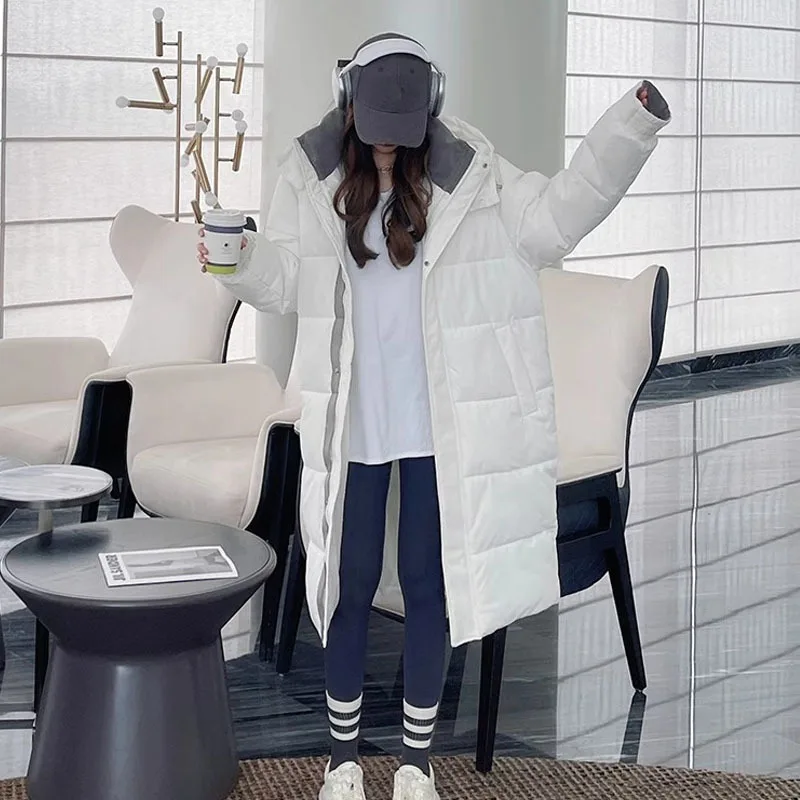 

Winter New Women Mid-length Down Cotton-padded Coat Gray Black White Casual Long Sleeve Thick Warm Hooded Cotton Parkas Overcoat