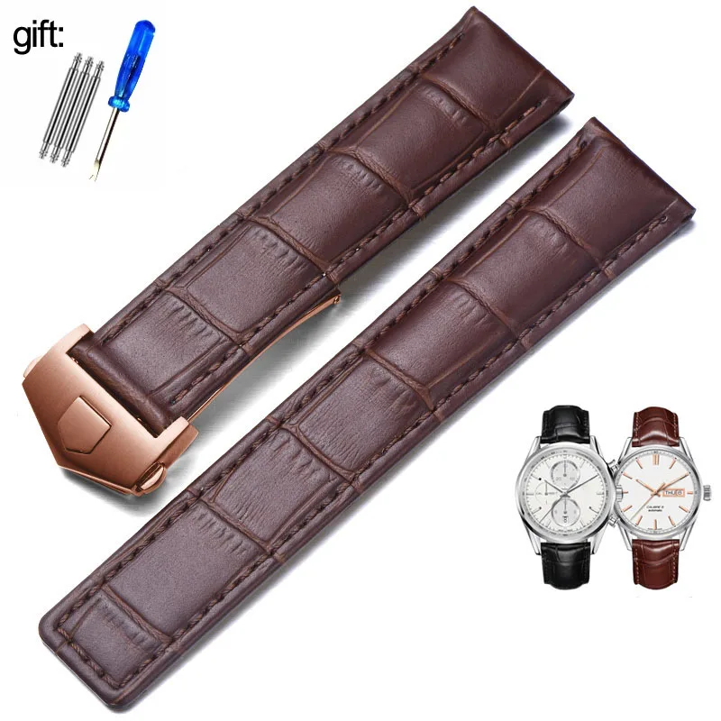 Elegant Genuine Leather Watch Strap - Black/Brown, 19mm-22mm