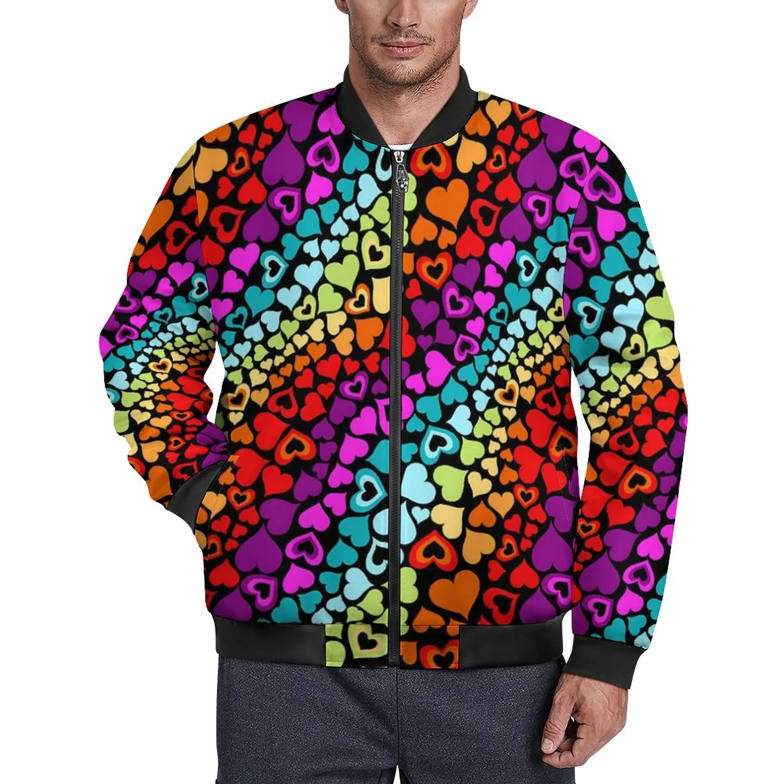 

Rainbow Love Hearts Casual Jackets Valentine Waterproof Windbreak Man Graphic Coats Autumn Street Style Loose Jacket Plus Size