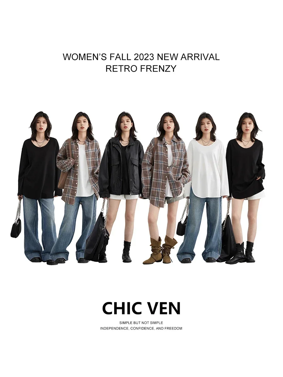 CHIC VEN Women T-Shirts Loose Casual U-Neck Long Sleeve Female Tees Split Bottom Woman Top Ladies Clothing Autumn Spring 2023 - Image 2