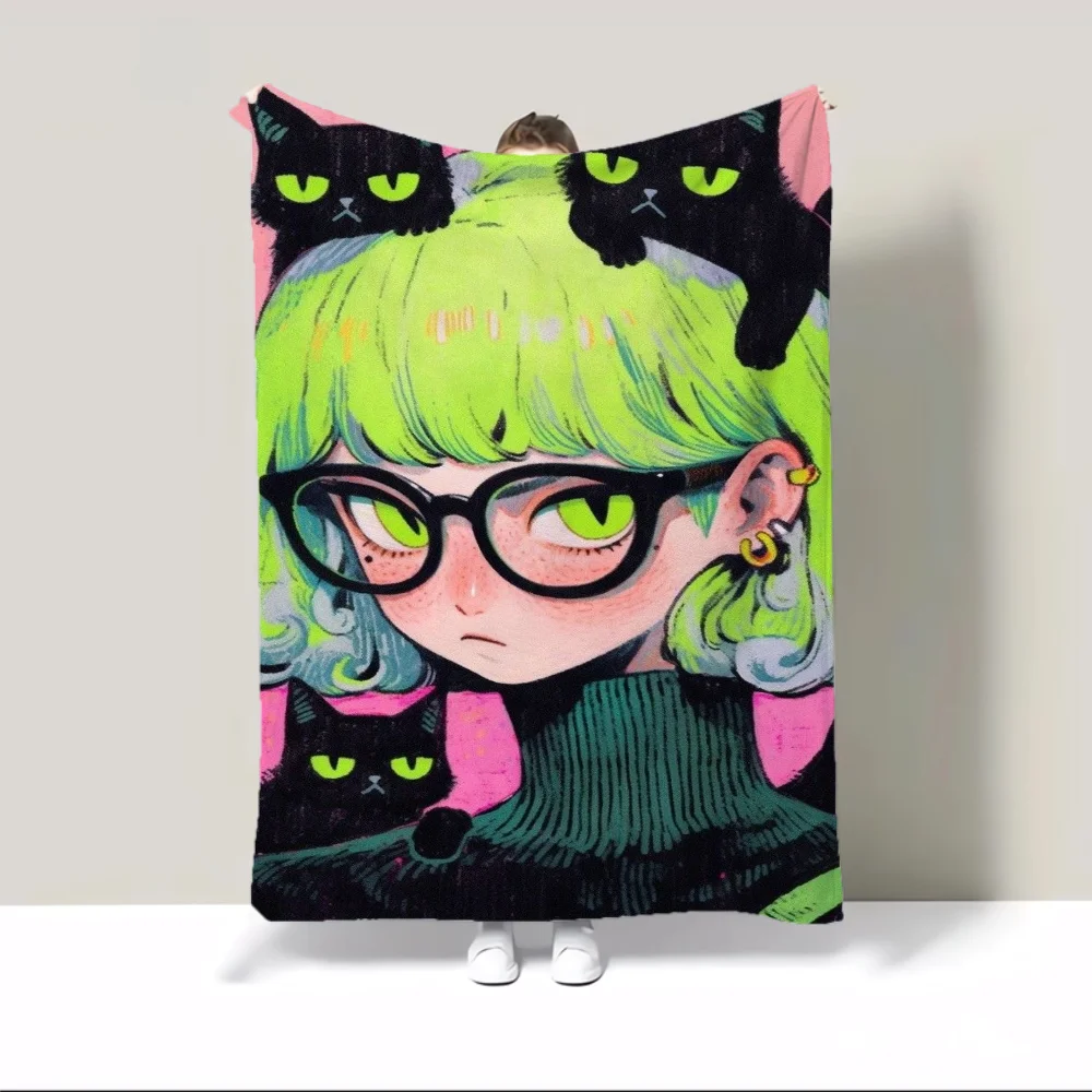 Cute Girl With Cats Throw Blanket King Size Custom Blankets & Throws Home Interior Fluffy Plaid Luxury Bedding Beach Towel Knee 5
