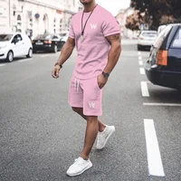 2024 Latest Men's W-shaped Printed Casual T-shirt Set Round Neck Short sleeved Top Home Clothes Summer 2