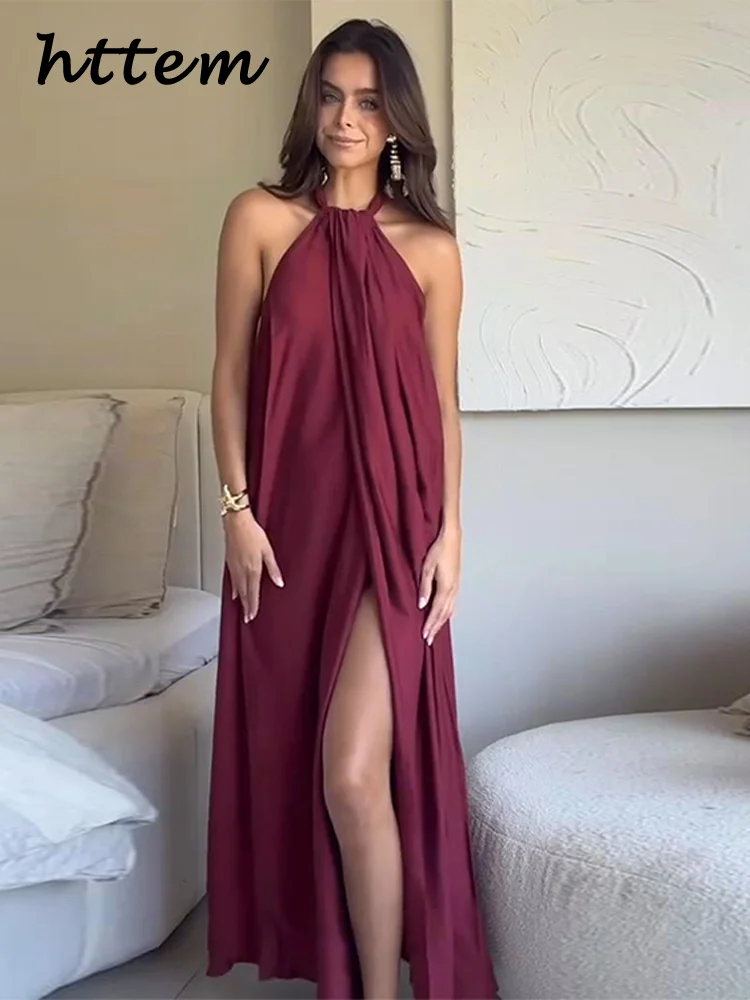 Elegant Halter Long Holiday Dress Women Loose Pleated Sleeveless Backless  Slit Lace Up Party Dresses 2025 Summer Lady Beach Robe - AliExpress  200000345