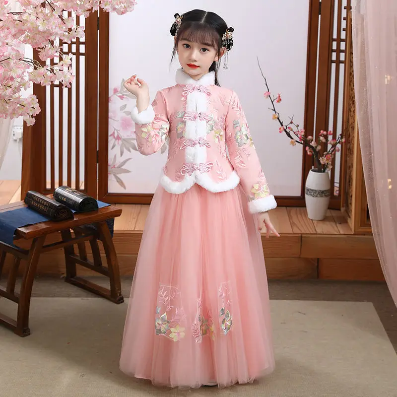 Winter Girls Red Tang Suit White Shirt Pleated Skirt & Tweed Coat 3 Pieces Set Hanfu Costume Orienatl Ancient Princess Clothings