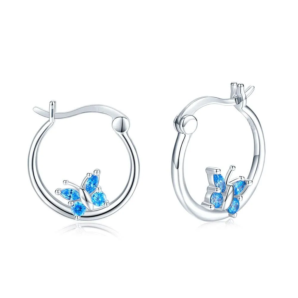 

Crystal Butterfly Hoop Earrings Designer New Smooth Refined Silver Color Drop Earrings for Girl Sunshine Cute Jewelry