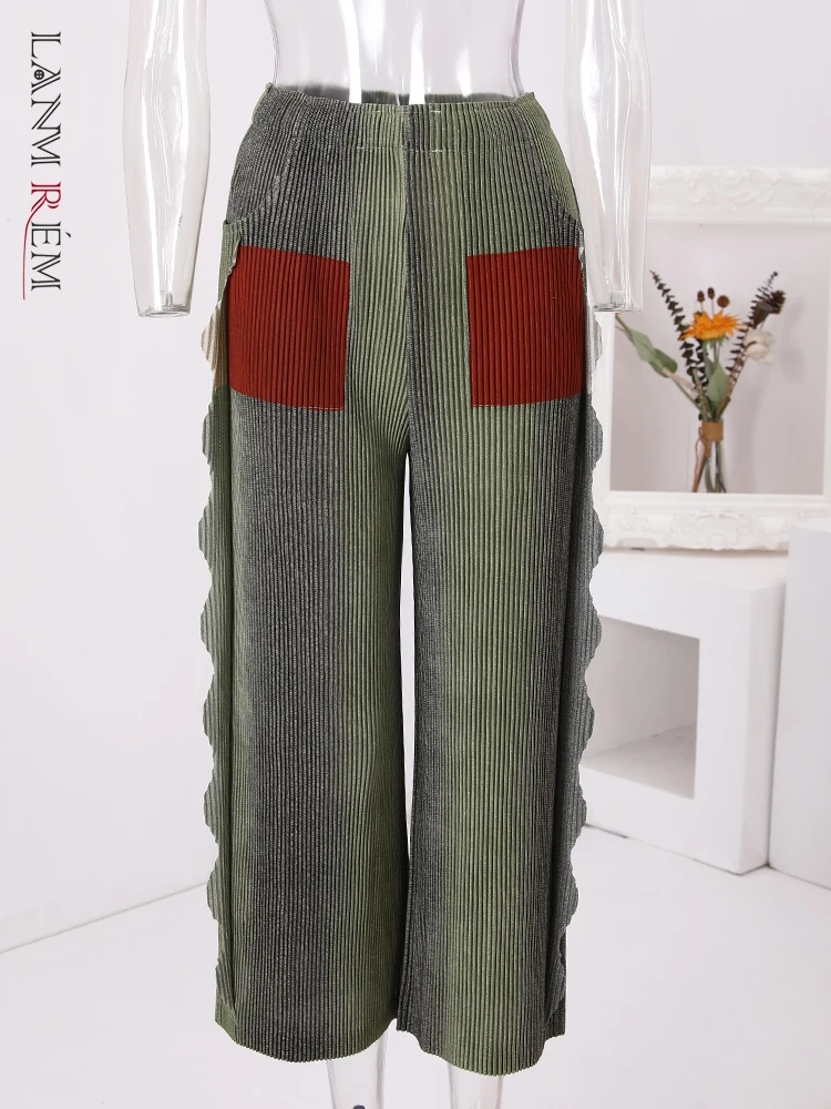 

LANMREM Vintage Pleated Women's Pants High Waist Contrast Color Pockets Ruffles Spliced Loose Wide Leg Trousers 2024 New 32C769