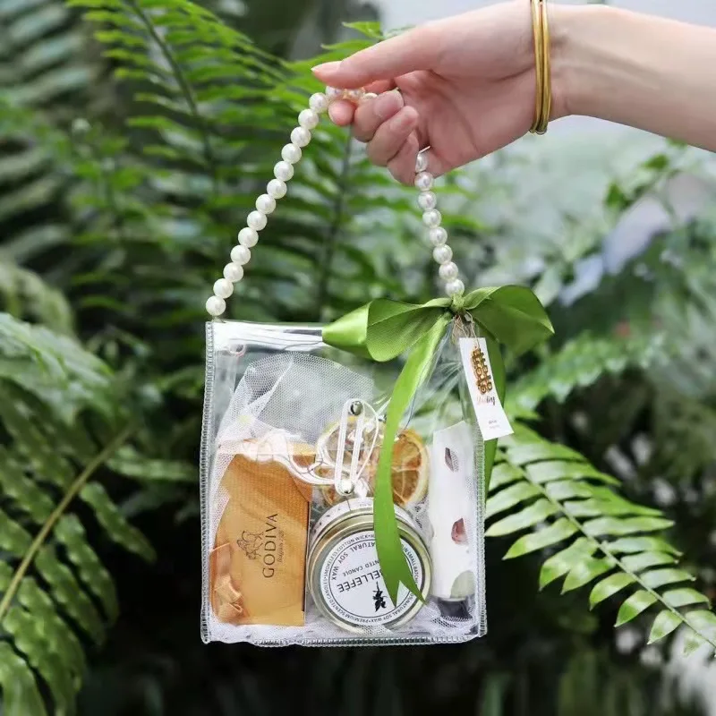 

5pcs Handbag for Women Wedding Gift Bag with Pearl Chain Mini Clutch Bag with Pearl Chain for Gift Candy Makeup Transparent Bag