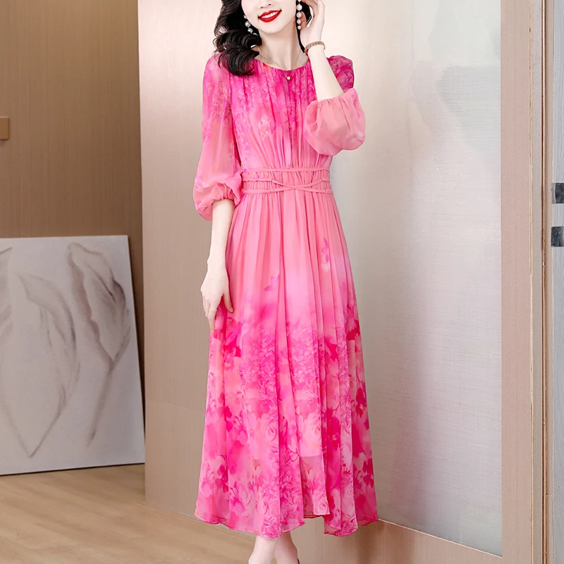 knee length dresses for ladies Floral Pure Silk Midi Dress Guest Party Silk Wrap Dresses Apricot / Xs main image 0