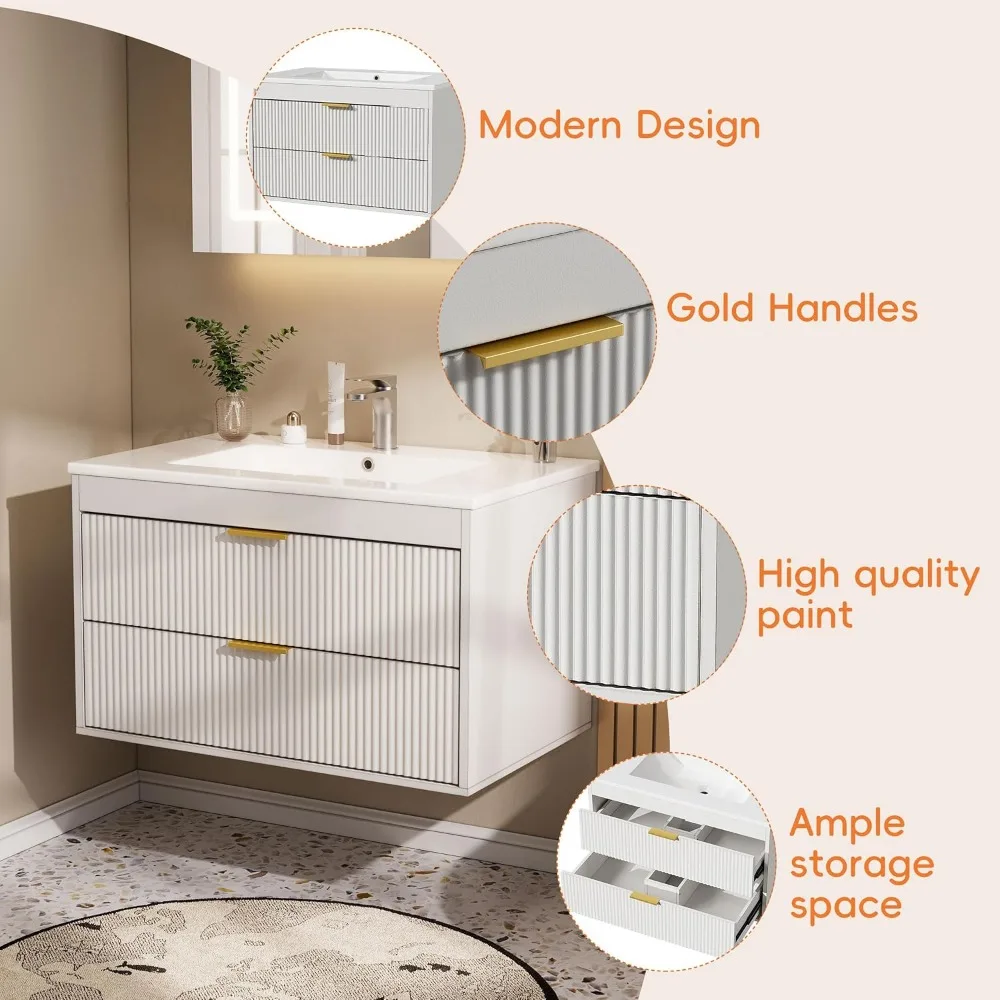30'' Floating Bathroom Vanities with Sink, Wall Mounted Bathroom Floating Vanity with Ceramic Sink,2 Drawers, Soft-Close Doors 5