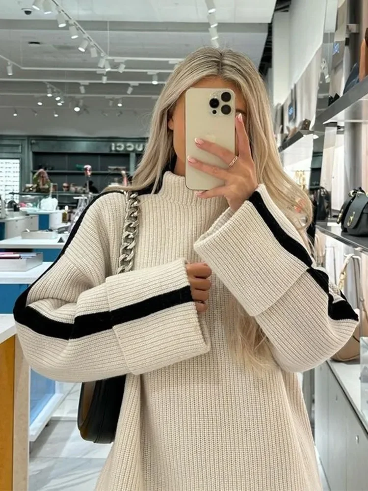 

Contract Mock Collar Knitted Women Pullover Long Sleeve Oversized Loose Thick Top Sweater 2023 Autumn Chic Casual Basic Knitwear