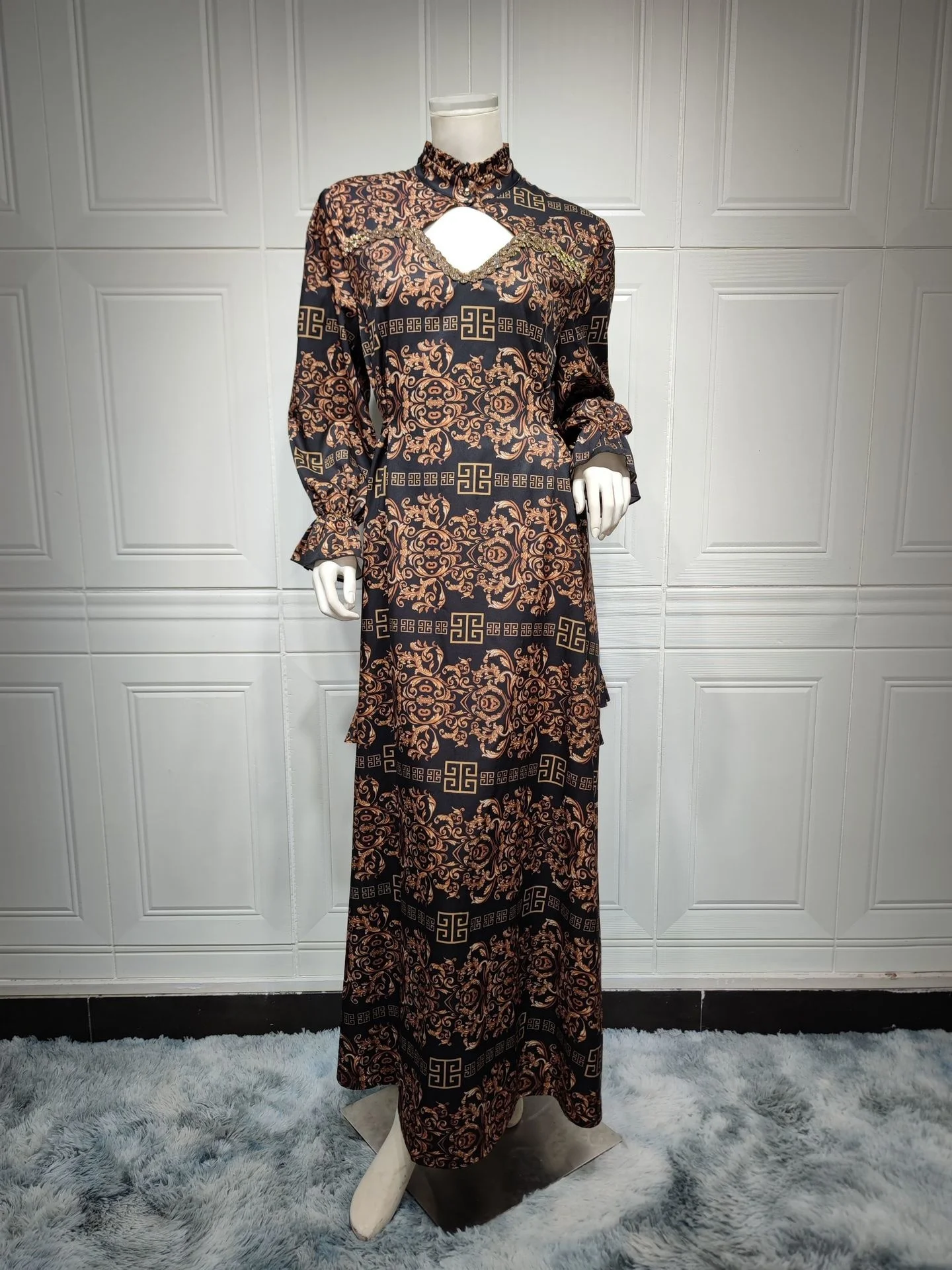 Muslim Dress Long Sleeves Print A-line Dress Dubai Arab Street Robe Diamond Arabic Turkey Home Furnishing Women Clothing