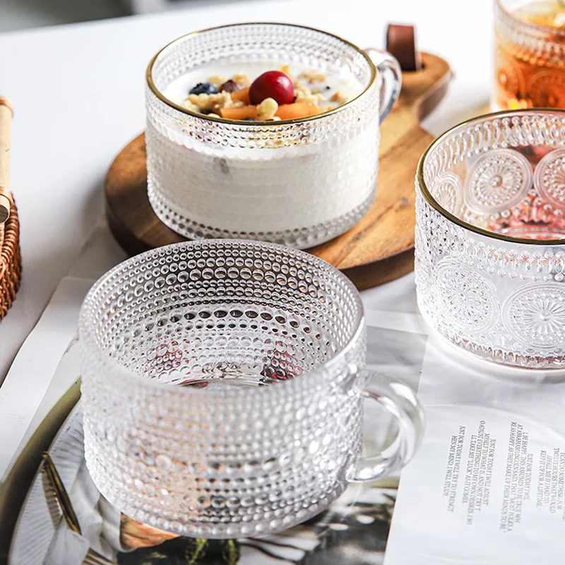 Tasse à café transparente en verre gaufré de style nordique, perle de  tournesol, lait et thé, clics froids, jus et ligne dorée, standard et rétro