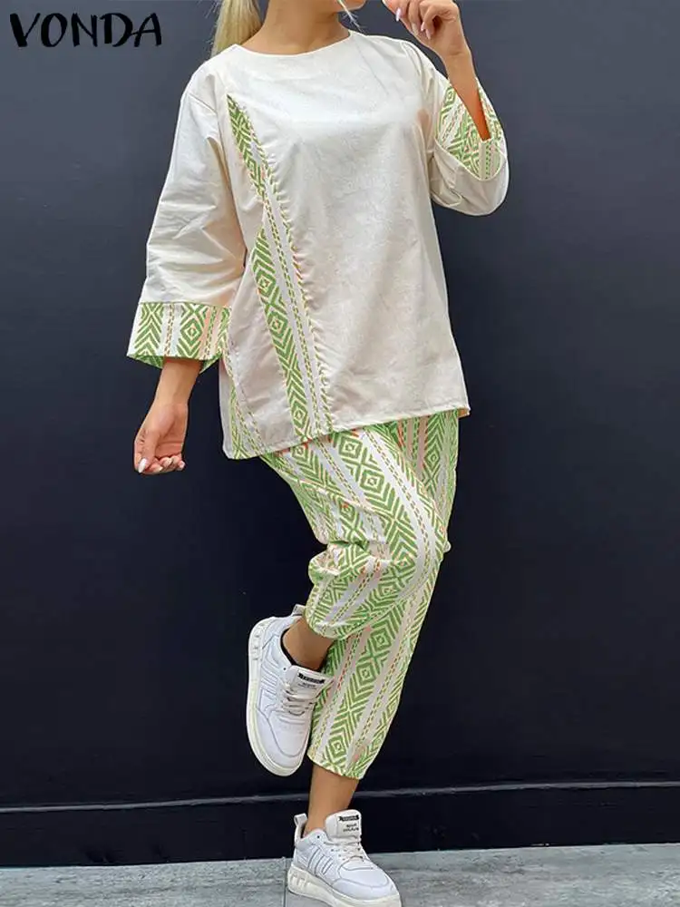

Vintage Women Pant Sets 2023 VONDA Fashion Bohemian 2pcs Casual Loose Printed Pant Suits 3/4 Sleeve Tops High Waist Pants Suits