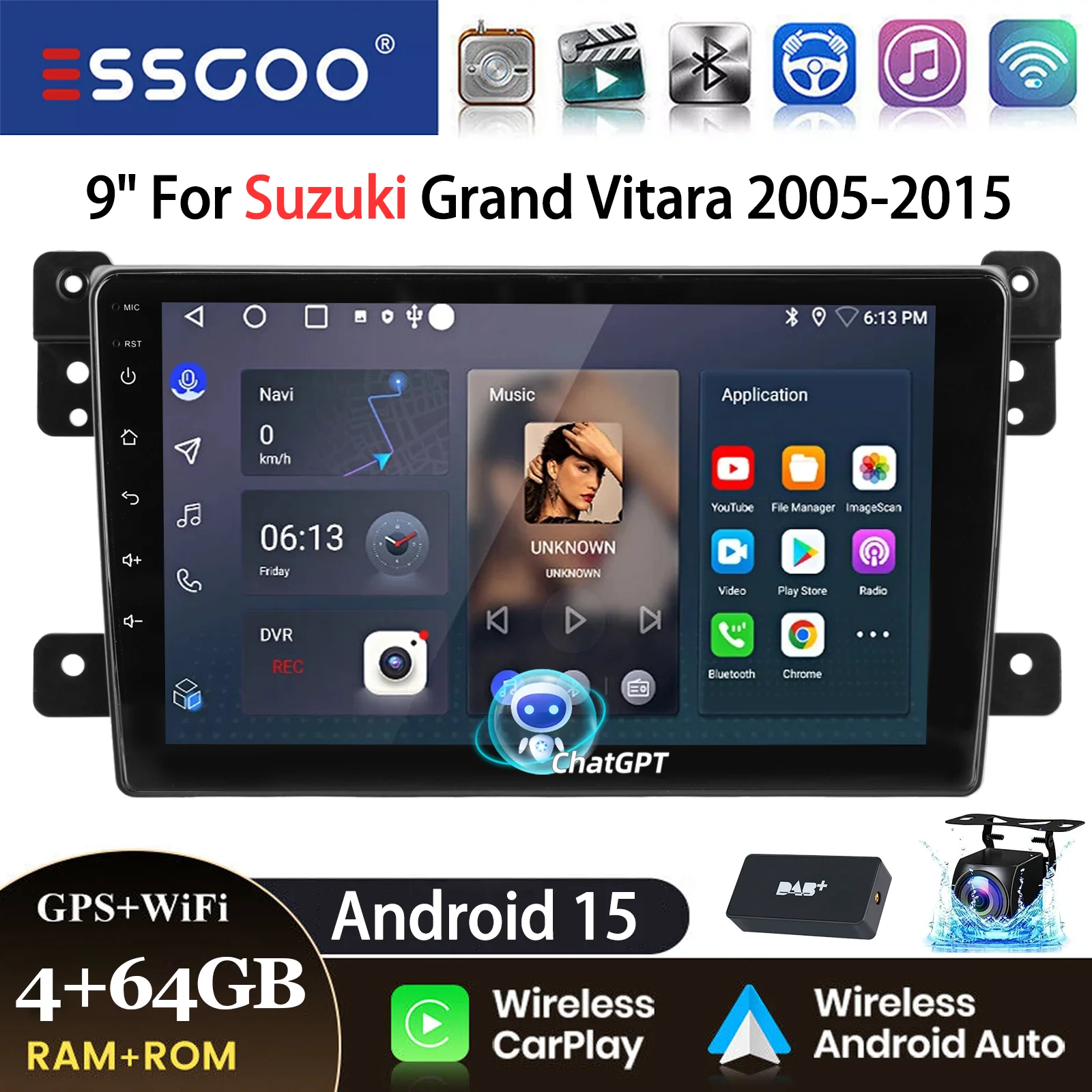 ESSGOO Android 15 Autoradio 9" IPS Wireless CarPlay Android Auto für Suzuki Grand Vitara 2005-2015 GPS Navigation KI Stimme ChatGPT WIFI Lenkradsteuerung Bluetooth FM RDS Mirror Link Touchscreen