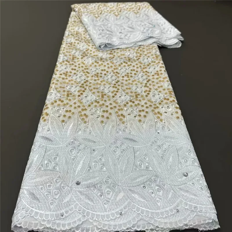 

5 yard Swiss voile lace fabric heavy beaded embroidery African High Qualit 100% cotton With diamonds popular Dubai style 1L10162