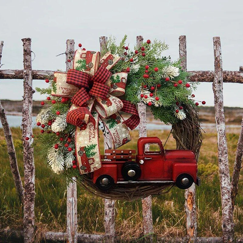 

36cm Christmas Wreath Garland Artificial Red Berries Wooden Car Home Door Hanging Ornaments Merry Christmas Decoration New Year