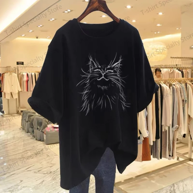 Damen Mode Katzen-Animal-Print T-Shirt Sommer Baumwolle O-Ausschnitt Kurzarm Basic Top Tee Büro-Dame Lässiger Loser Pullover S-3XL – Detail 8