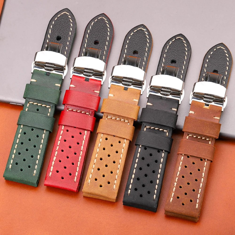 Premium Genuine Leather Unisex Watch Strap with Deployment Clasp – Available in Multiple Sizes & Colors