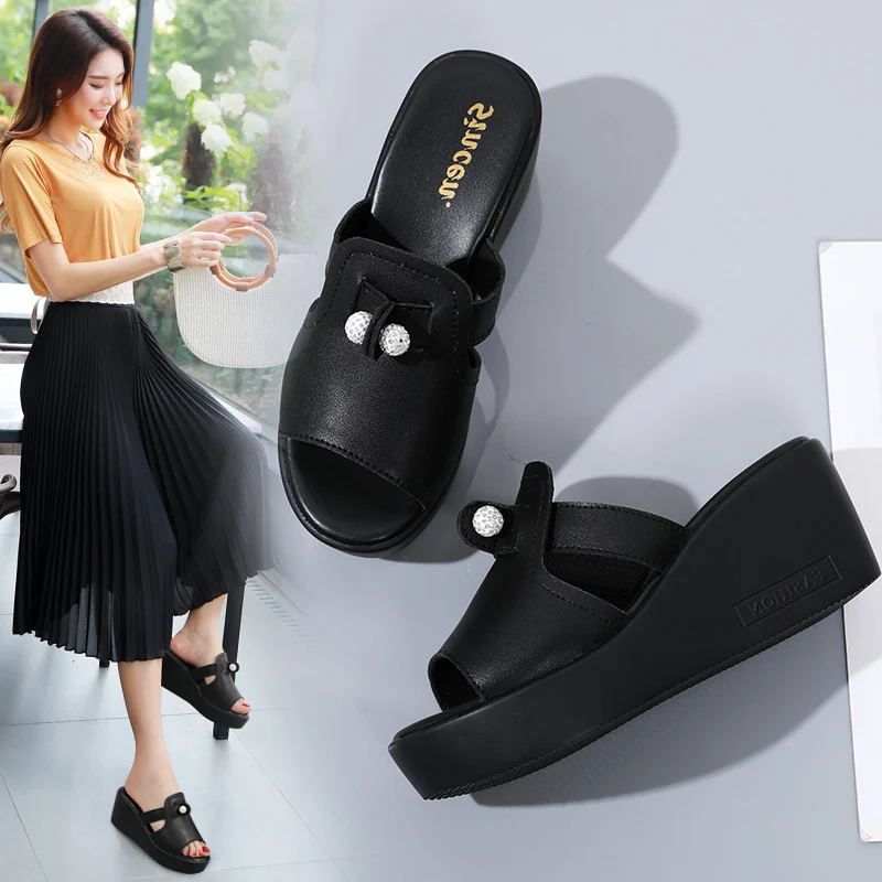 

Large Size Women Slippers Genuine Leather Casual Slides Summer Shoes Heightening Shoes Non-slip Comfortable Wedges Slippers