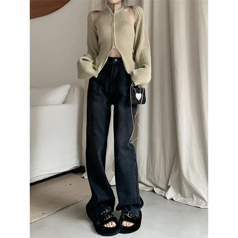 

New Fashion High-quality Large Size Design Sense Pocket Straight Jeans Women's Loose Wide-leg Trousers Mopping Pants Trendy