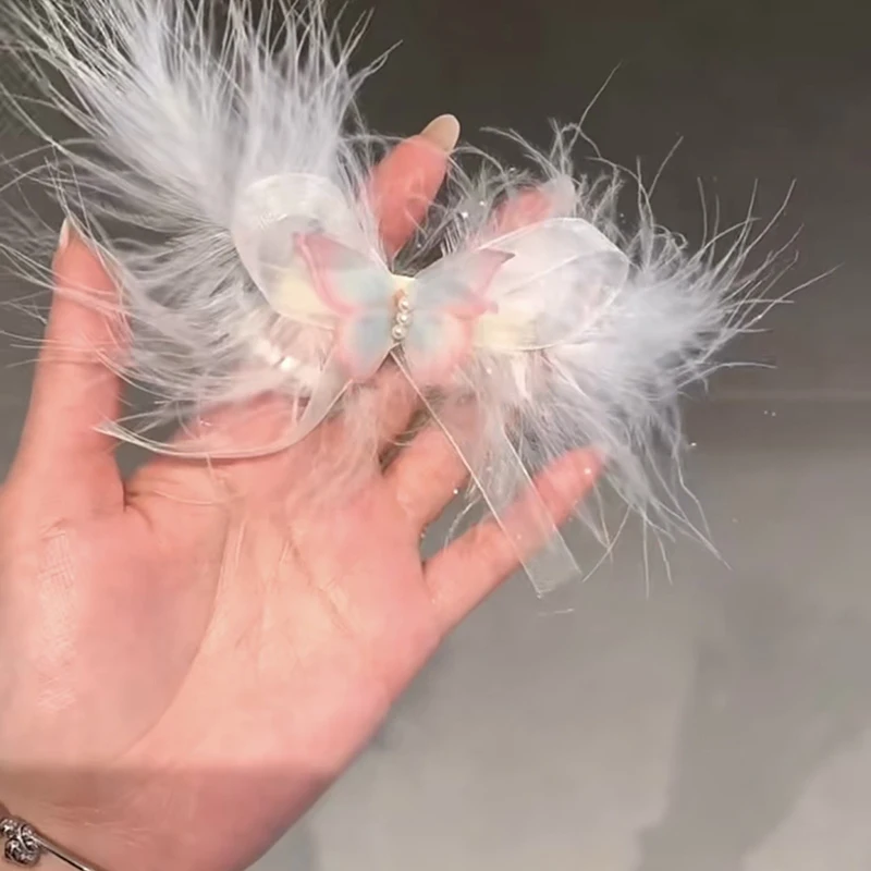 2Pcs 흰색 깃털 나비 헤어 클립 공주 소녀 머리핀 어린이 포니 테일 바레트 요정 머리 장식 어린이 헤어 액세서리