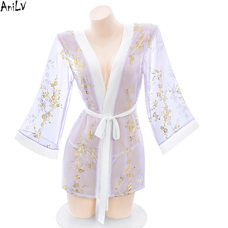 

Женская ночная сорочка с открытым верхом AniLV, прозрачная ночная рубашка с горячим тиснением журавлей, эротический костюм