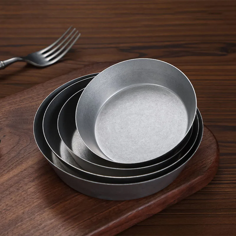 Retro Deep Side 304 Stainless Steel Food Plates Single-layer Sauce Dish Meat Fruit Dessert Trays Tableware Kitchen Dinner Plate