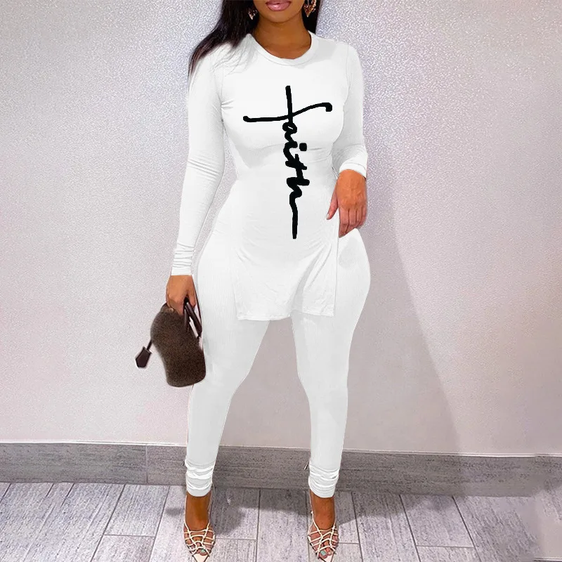 New Tracksuit For Women Faith Letter Ribbed Knit Two Piece Set Casual 2 Pcs Outfits Long Sleeve Tshirts Pants Suit Matching Set