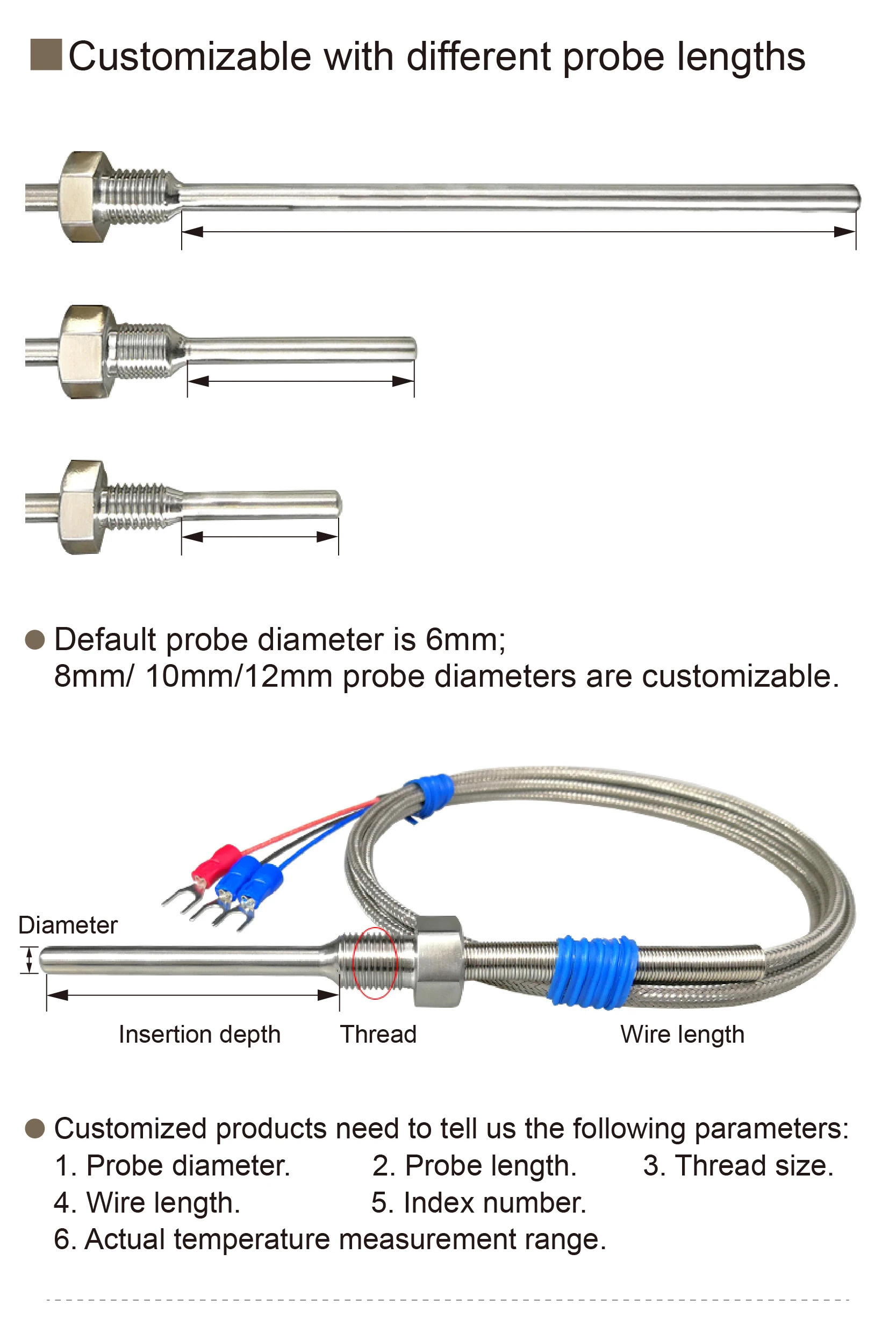 Industrial PT100 RTD Temperature Probe Stainless Steel Threaded Sensor Waterproo