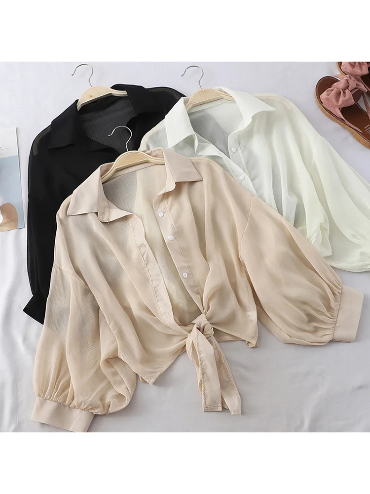 เสื้อเชิ้ตชีฟองแขนยาว ผูกเอว หรูหรา ฤดูร้อน