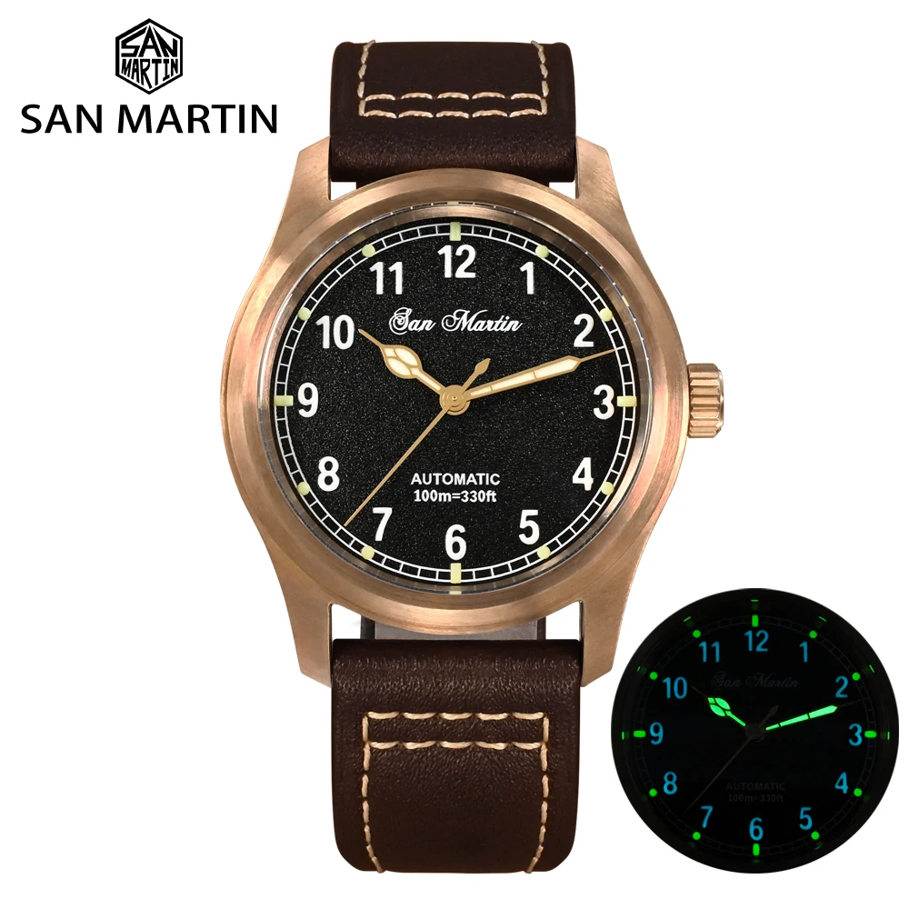 San Martin 37Mm Pilot Men Watch Yn55 Cusn8 Bronze Vintage Military Simple Style Automatic Mechanical Leather 100M Waterproof