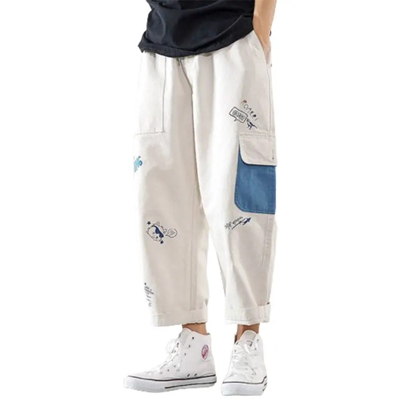 Elegant Fashion Harajuku Slim Fit Ropa Hombre Loose Casual All Match Cropped Pants Patchwork Printed Pockets Straight Leg Pants