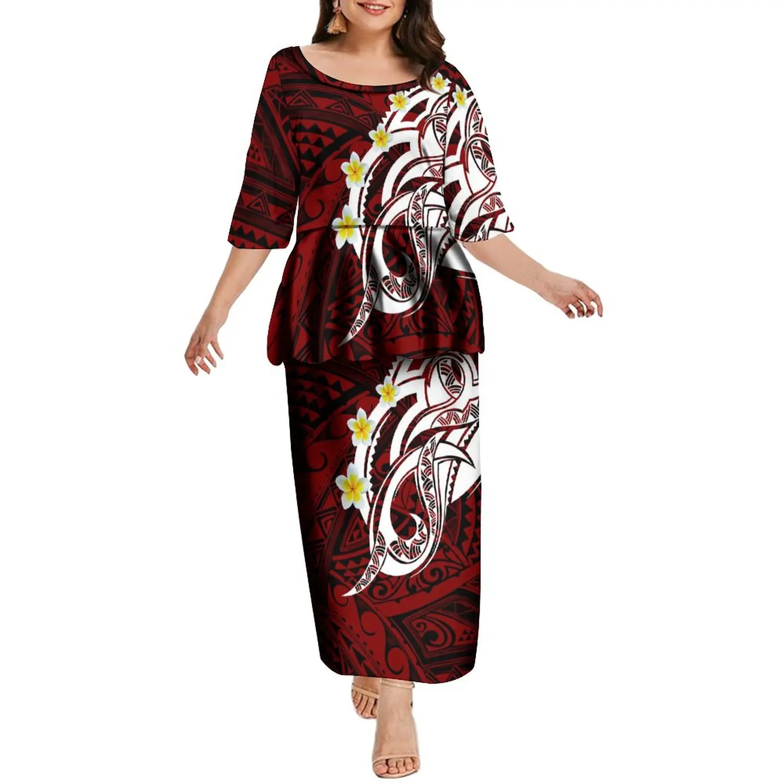 

Women'S Crewneck Mid-Sleeve Dress Puletasi National Costume Polynesian Tribe Custom Top And Long Skirt Two-Piece Set