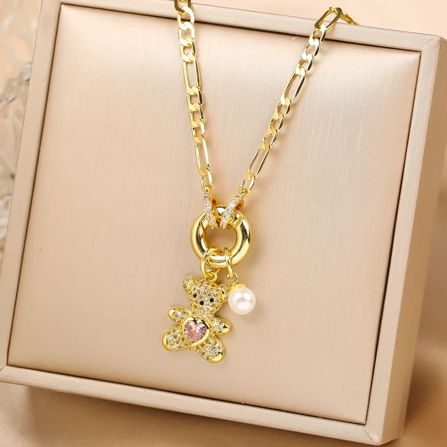 Haute qualité brillant cristal zircone Animal mignon ours pendentif collier ras du cou pour femme fille vacances serrure os chaîne bijoux cadeau